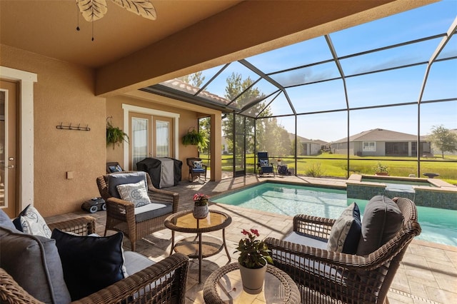 13208 Fawn Lily Dr, Riverview, FL 33579 - view of patio / terrace with an outdoor living space, a pool with connected hot tub, french doors, and ceiling fan