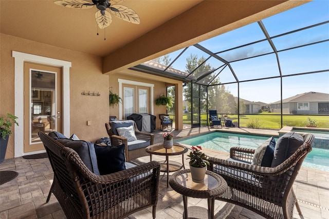 13208 Fawn Lily Dr, Riverview, FL 33579 - view of patio with french doors, an outdoor hangout area, an outdoor pool, a ceiling fan, and a lanai