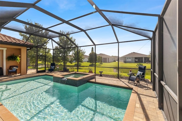 13208 Fawn Lily Dr, Riverview, FL 33579 - view of swimming pool featuring a patio area, a pool with connected hot tub, a lanai, and a lawn