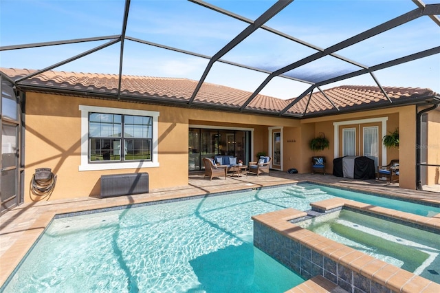 13208 Fawn Lily Dr, Riverview, FL 33579 - view of pool with a pool with connected hot tub, a patio area, french doors, and glass enclosure