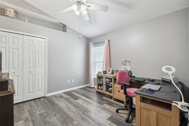11126 Biddeford Pl, New Port Richey, FL 34654 - office area with lofted ceiling, ceiling fan, wood finished floors, and a textured ceiling