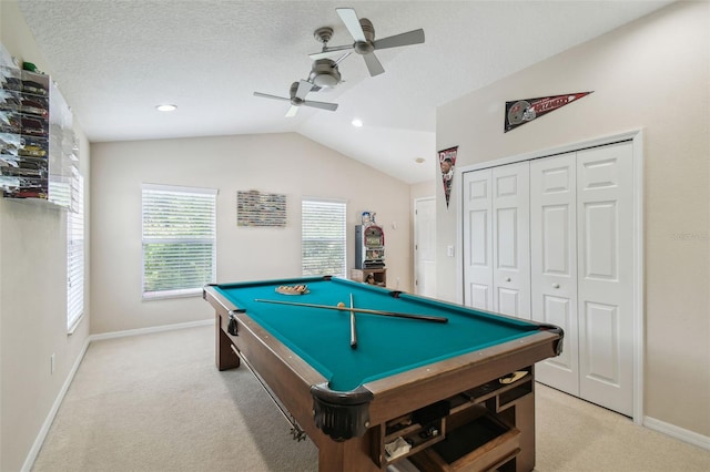 11126 Biddeford Pl, New Port Richey, FL 34654 - rec room featuring a ceiling fan, light colored carpet, lofted ceiling, billiards table, and recessed lighting