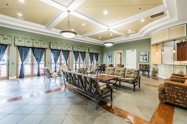 11126 Biddeford Pl, New Port Richey, FL 34654 - community lobby with coffered ceiling, beam ceiling, recessed lighting, and a towering ceiling
