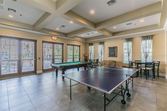 11126 Biddeford Pl, New Port Richey, FL 34654 - recreation room with french doors, billiards table, coffered ceiling, beam ceiling, and tile patterned floors