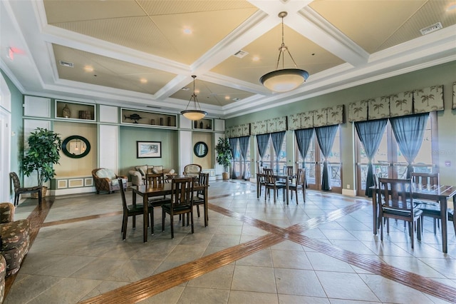 11126 Biddeford Pl, New Port Richey, FL 34654 - tiled dining space featuring coffered ceiling, inlaid floor details, beam ceiling, and ornamental molding