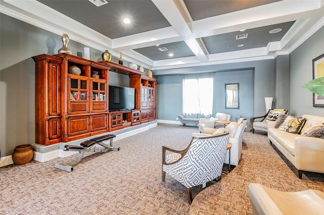 11126 Biddeford Pl, New Port Richey, FL 34654 - carpeted living area featuring coffered ceiling, beamed ceiling, ornamental molding, and recessed lighting