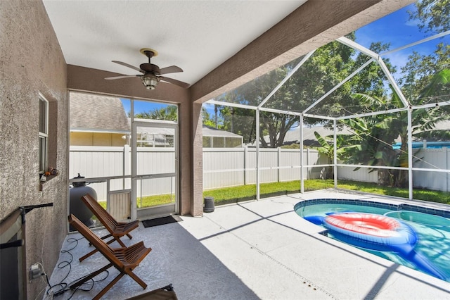 1120 Bluffs Cir, Dunedin, FL 34698 - view of pool with a ceiling fan, a fenced backyard, and a patio