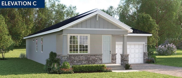 118 Venetian Palms Blvd, New Smyrna Beach, FL 32168 - view of front facade featuring stone siding, an attached garage, board and batten siding, and a front yard