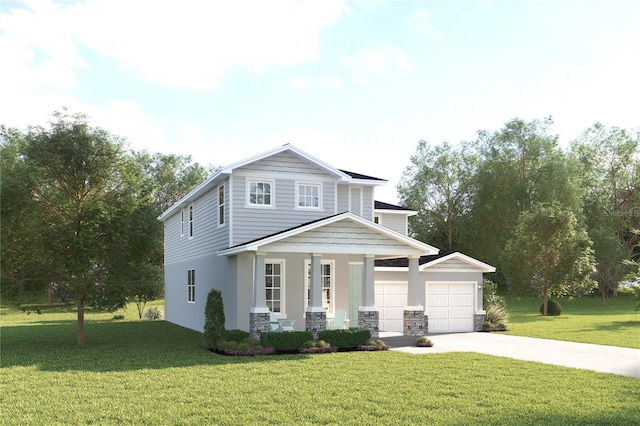 120 Venetian Palms Blvd, New Smyrna Beach, FL 32168 - view of front facade featuring a porch, driveway, a front lawn, stone siding, and an attached garage