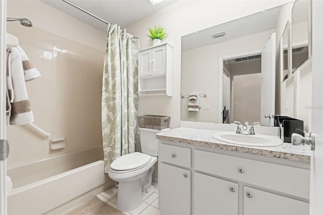 6519 Thicket Trl, New Port Richey, FL 34653 - bathroom with vanity, shower / bath combination with curtain, tile patterned floors, and a textured ceiling