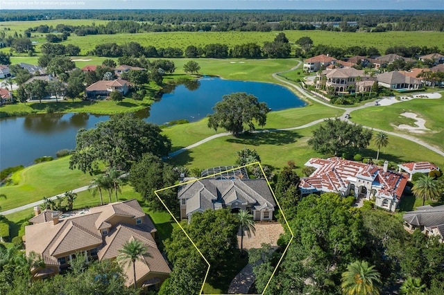 10508 Pontofino Cir, Trinity, FL 34655 - aerial view of residential area featuring a nearby body of water, property parcel outlined, and a golf club