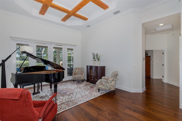10508 Pontofino Cir, Trinity, FL 34655 - living area featuring a high ceiling, coffered ceiling, wood finished floors, ornamental molding, and french doors