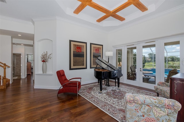10508 Pontofino Cir, Trinity, FL 34655 - sitting room with french doors, crown molding, wood finished floors, coffered ceiling, and stairway