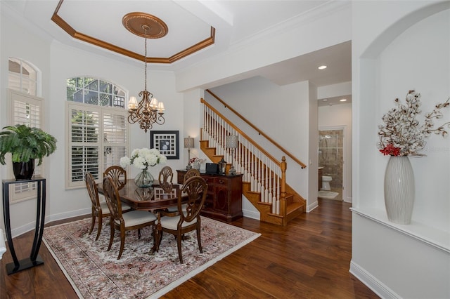 10508 Pontofino Cir, Trinity, FL 34655 - dining room with stairs, a chandelier, dark wood-style flooring, a raised ceiling, and ornamental molding