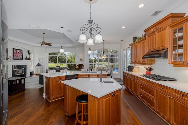 10508 Pontofino Cir, Trinity, FL 34655 - kitchen featuring an island with sink, stainless steel gas cooktop, under cabinet range hood, a ceiling fan, and brown cabinets