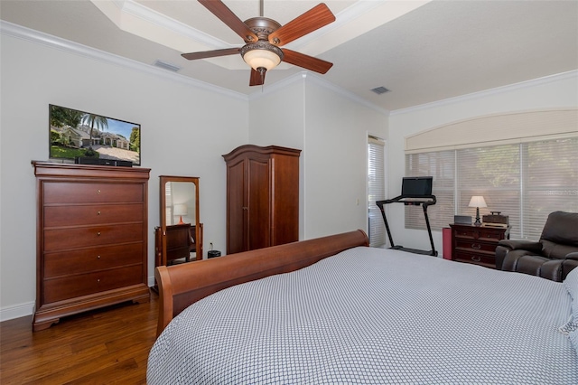 10508 Pontofino Cir, Trinity, FL 34655 - bedroom with dark wood-type flooring, crown molding, and a ceiling fan