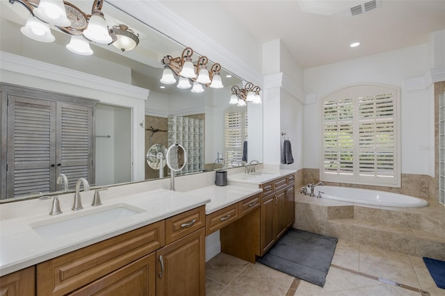 10508 Pontofino Cir, Trinity, FL 34655 - bathroom featuring double vanity, a garden tub, tile patterned flooring, a tile shower, and recessed lighting