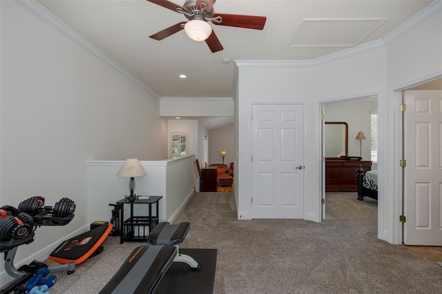 10508 Pontofino Cir, Trinity, FL 34655 - workout area featuring crown molding, carpet flooring, attic access, healthy amount of natural light, and a ceiling fan