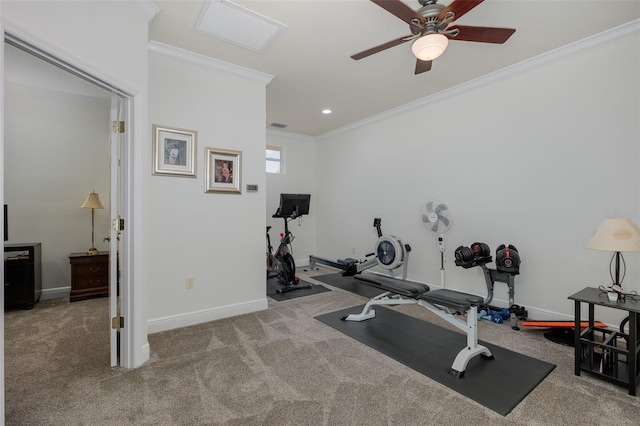 10508 Pontofino Cir, Trinity, FL 34655 - exercise area with a ceiling fan, carpet floors, ornamental molding, and recessed lighting
