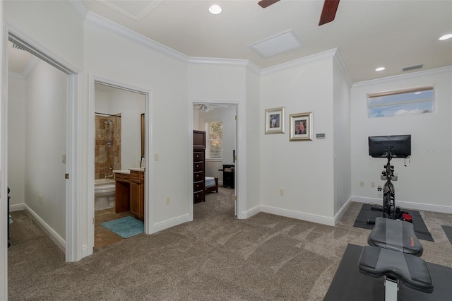 10508 Pontofino Cir, Trinity, FL 34655 - exercise room with carpet flooring, a ceiling fan, crown molding, and recessed lighting