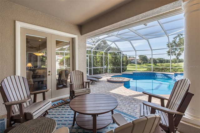 10508 Pontofino Cir, Trinity, FL 34655 - view of pool featuring french doors, a patio area, a lanai, and a pool with connected hot tub
