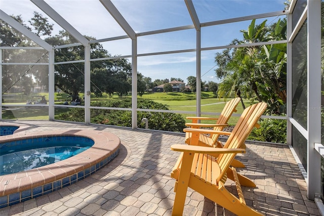 10508 Pontofino Cir, Trinity, FL 34655 - sunroom / solarium featuring a hot tub, golf course view, and plenty of natural light