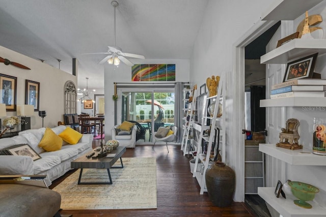 3539 Anniversary Ct, New Port Richey, FL 34653 - living area featuring a ceiling fan, a chandelier, wood finished floors, and lofted ceiling