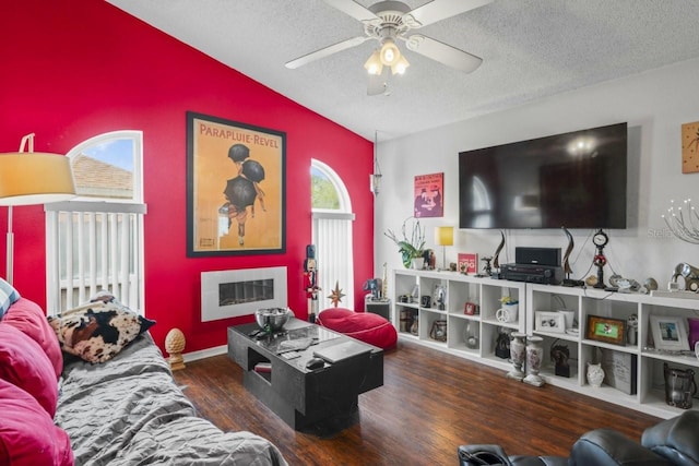 3539 Anniversary Ct, New Port Richey, FL 34653 - living area featuring lofted ceiling, a textured ceiling, a ceiling fan, wood finished floors, and a fireplace