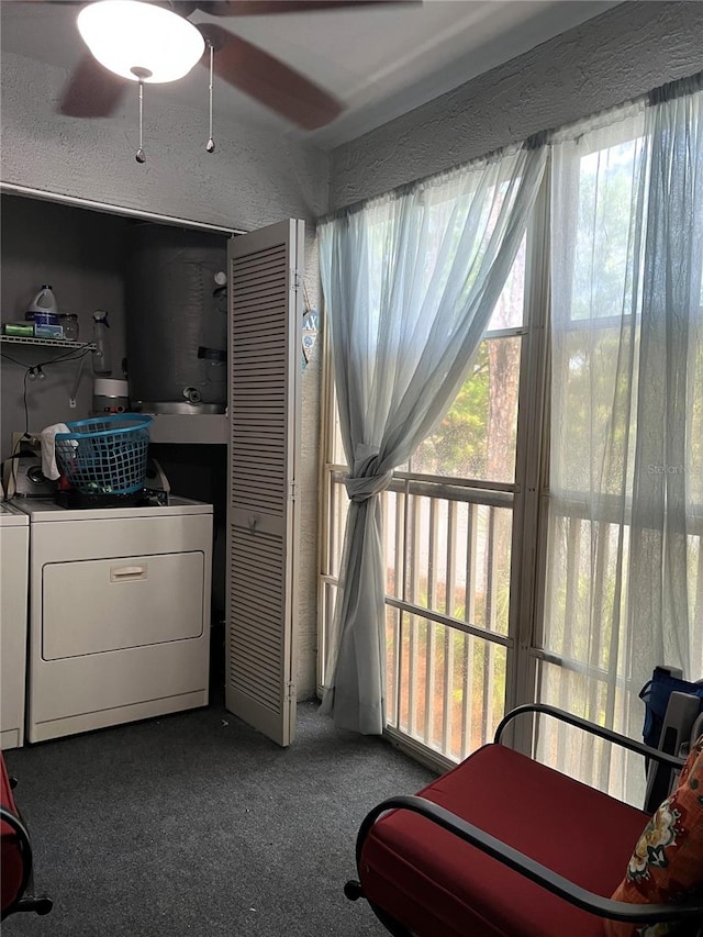 7721 Hillside Ct Unit 203, Hudson, FL 34667 - washroom featuring washer and dryer, carpet floors, plenty of natural light, and ceiling fan