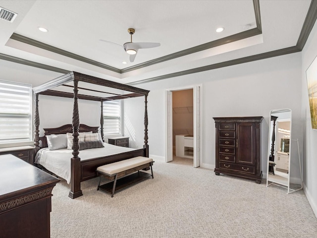 5621 Egrets Pl, New Port Richey, FL 34652 - bedroom with a raised ceiling, ornamental molding, light colored carpet, a ceiling fan, and recessed lighting