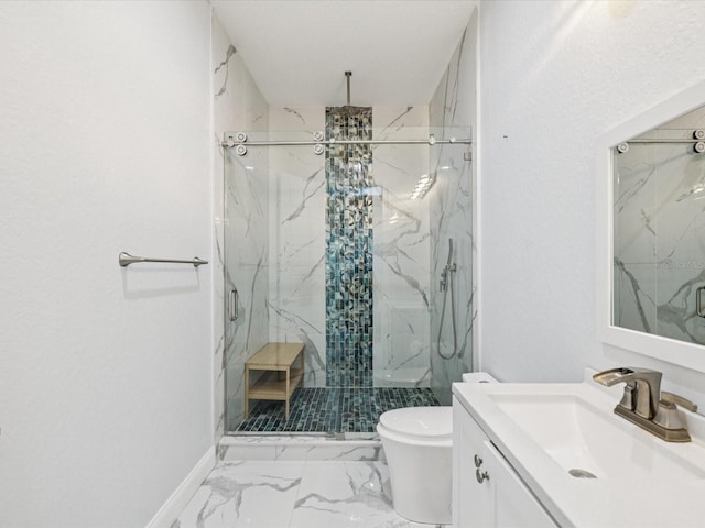 5621 Egrets Pl, New Port Richey, FL 34652 - bathroom featuring a marble finish shower, vanity, and marble look tile flooring