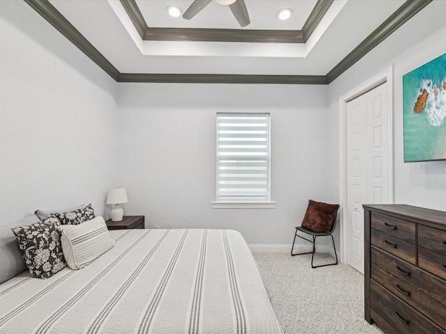 5621 Egrets Pl, New Port Richey, FL 34652 - carpeted bedroom with a raised ceiling, crown molding, and ceiling fan