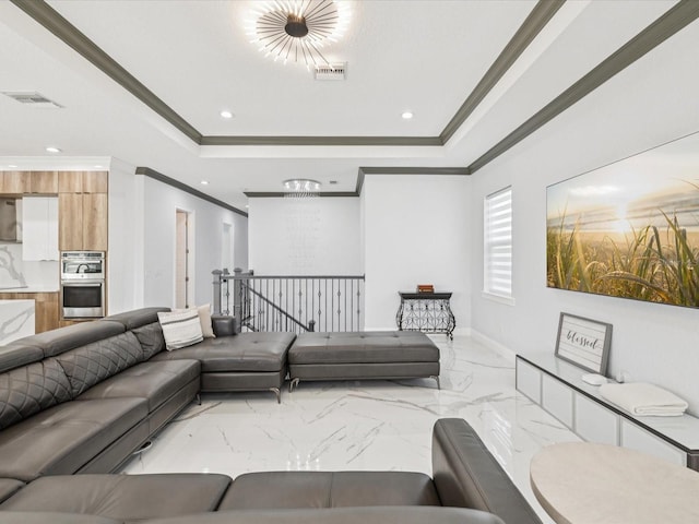 5621 Egrets Pl, New Port Richey, FL 34652 - living area featuring crown molding, marble tiled floors, a tray ceiling, and recessed lighting