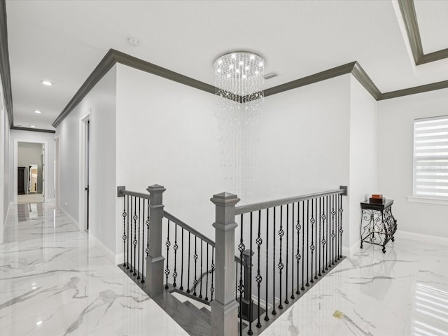 5621 Egrets Pl, New Port Richey, FL 34652 - corridor featuring an upstairs landing, ornamental molding, marble tiled flooring, a chandelier, and recessed lighting