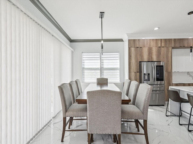 5621 Egrets Pl, New Port Richey, FL 34652 - dining room with ornamental molding, light marble finish floors, and recessed lighting