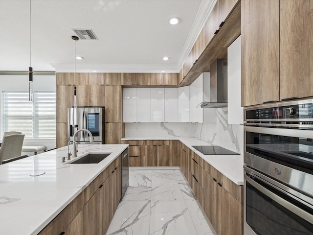 5621 Egrets Pl, New Port Richey, FL 34652 - kitchen featuring modern cabinets, appliances with stainless steel finishes, wall chimney range hood, brown cabinets, and light marble finish floors