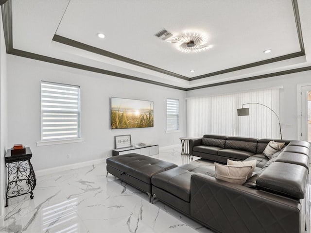 5621 Egrets Pl, New Port Richey, FL 34652 - living area with a tray ceiling, crown molding, marble finish floors, and recessed lighting