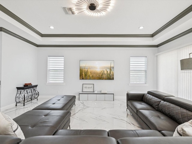 5621 Egrets Pl, New Port Richey, FL 34652 - living room featuring a raised ceiling, ornamental molding, marble tiled flooring, healthy amount of natural light, and recessed lighting