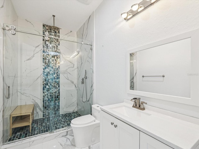 5621 Egrets Pl, New Port Richey, FL 34652 - full bathroom featuring marble look tiles, a marble finish shower, and vanity
