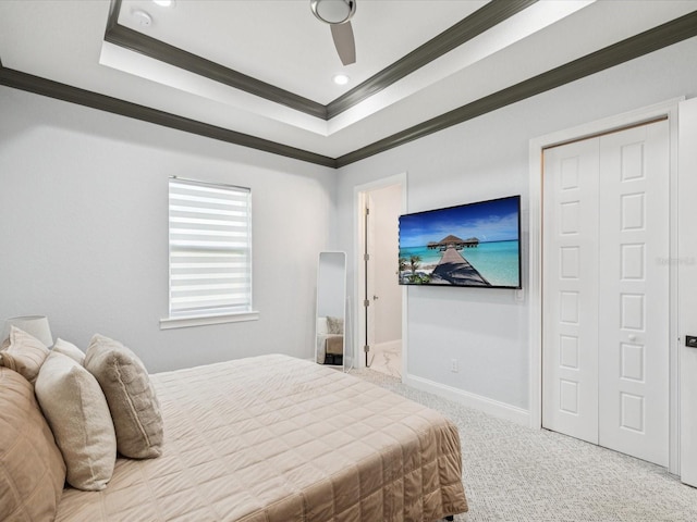 5621 Egrets Pl, New Port Richey, FL 34652 - bedroom featuring ornamental molding, carpet floors, a raised ceiling, a ceiling fan, and recessed lighting