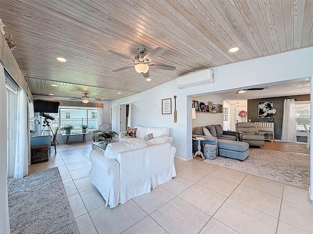 12817 2nd Isle, Hudson, FL 34667 - living room featuring ceiling fan, wooden ceiling, light tile patterned floors, a wall unit AC, and healthy amount of natural light