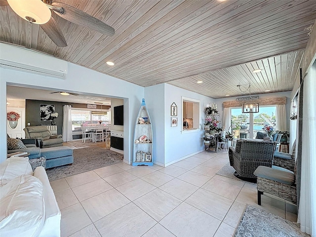 12817 2nd Isle, Hudson, FL 34667 - living area with ceiling fan, light tile patterned floors, wooden ceiling, a wall unit AC, and recessed lighting
