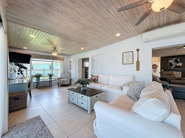 12817 2nd Isle, Hudson, FL 34667 - living area with ceiling fan, wooden ceiling, a wall mounted air conditioner, and light tile patterned floors