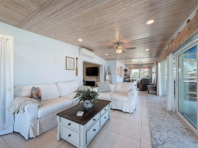 12817 2nd Isle, Hudson, FL 34667 - living area with wooden ceiling, ceiling fan, light tile patterned floors, a wall mounted air conditioner, and recessed lighting