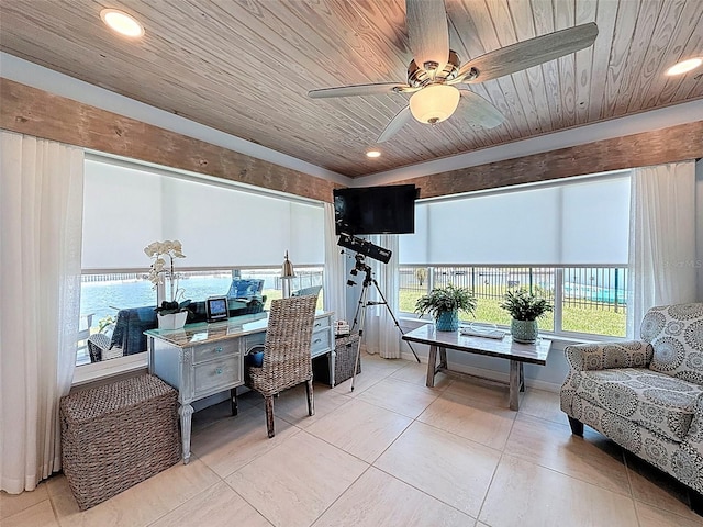 12817 2nd Isle, Hudson, FL 34667 - office with wood ceiling, a ceiling fan, plenty of natural light, tile patterned flooring, and recessed lighting