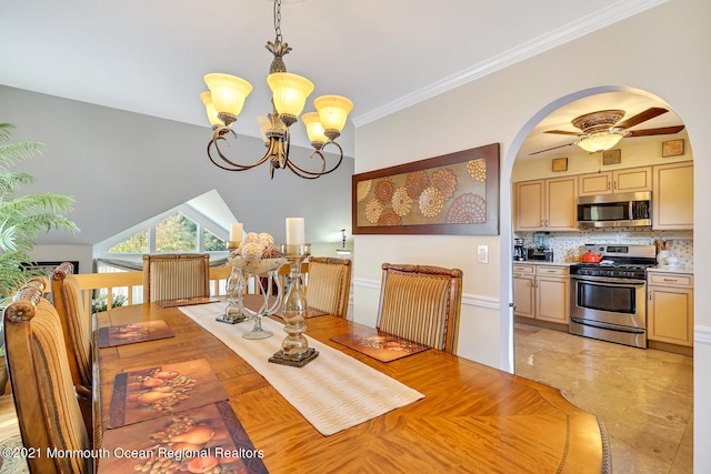38 Sweet Gum Rd, Howell, NJ 07731 - dining space featuring a chandelier, arched walkways, crown molding, and ceiling fan