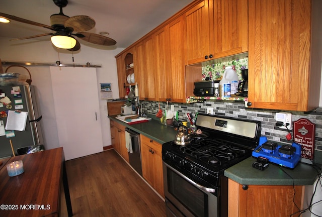 115 Washington St, Long Branch, NJ 07740 - kitchen with appliances with stainless steel finishes, backsplash, ceiling fan, brown cabinets, and dark wood-style flooring