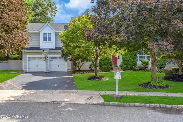 view of property hidden behind natural elements featuring aphalt driveway, roof with shingles, a front yard, fence, and a garage