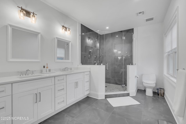 bathroom with vanity, toilet, and walk in shower