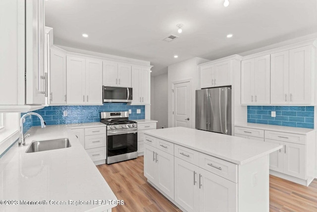 kitchen featuring backsplash, light hardwood / wood-style floors, sink, stainless steel appliances, and white cabinets